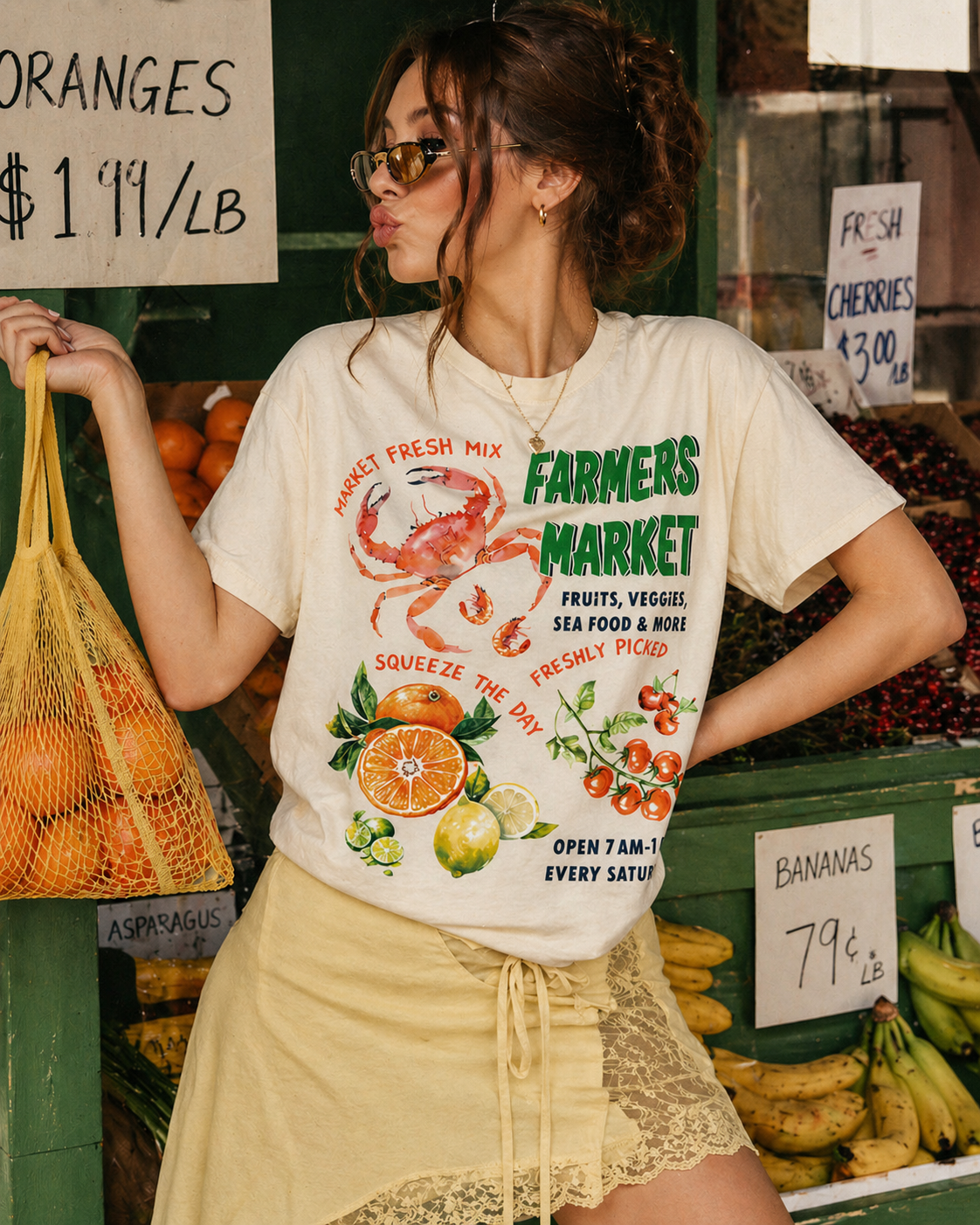 Farmers Market Seafood Veggies Butter Yellow T-Shirt