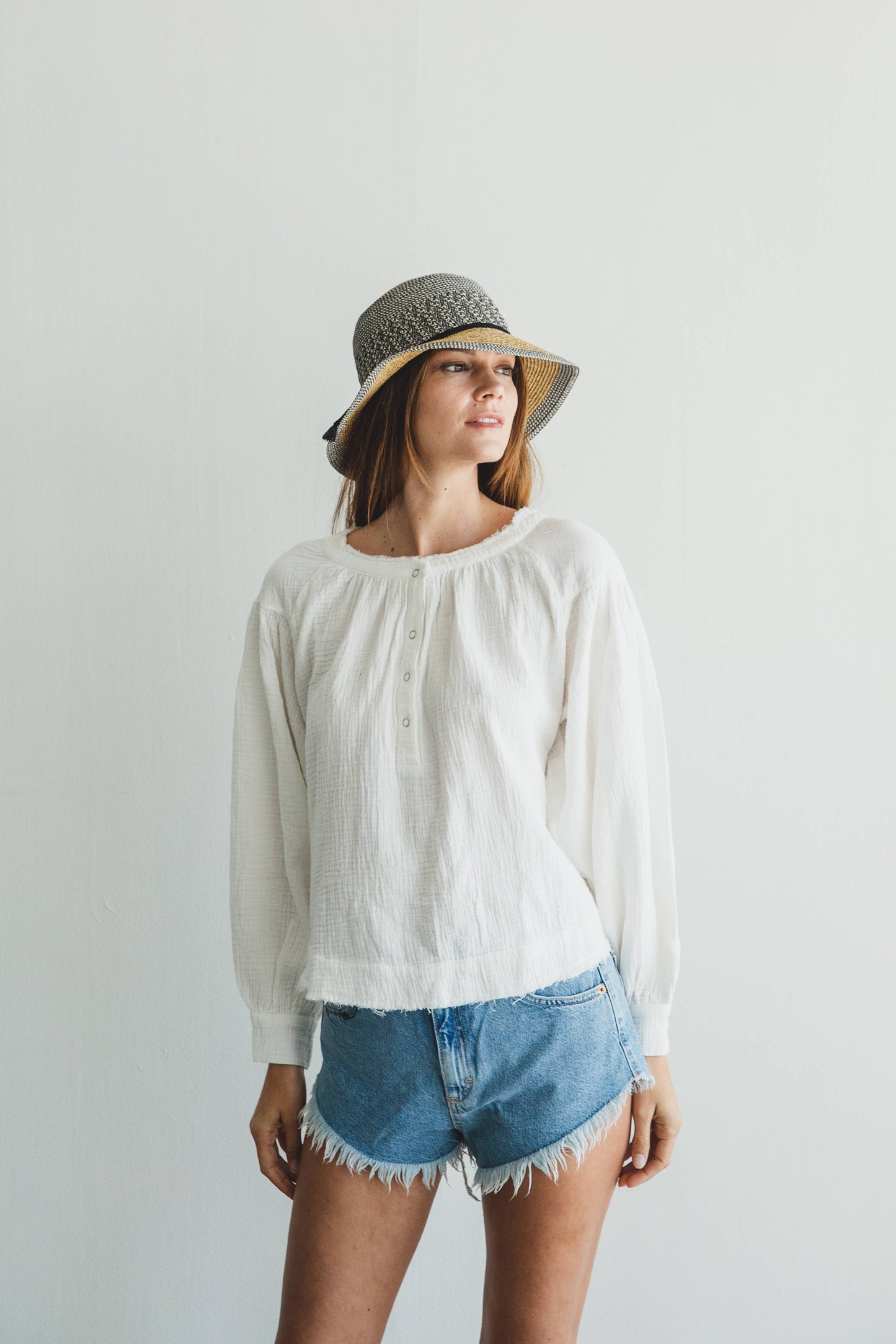 Bestselling summer bucket hat in mixed straws Lacy string ba