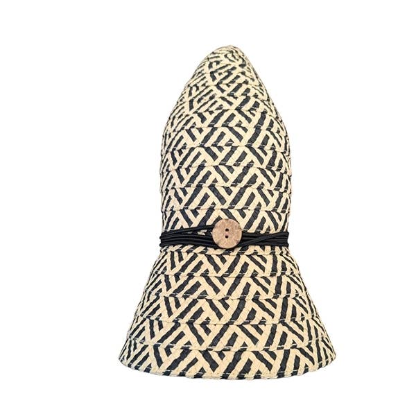 Packable straw bucket hat with small wood flower trim