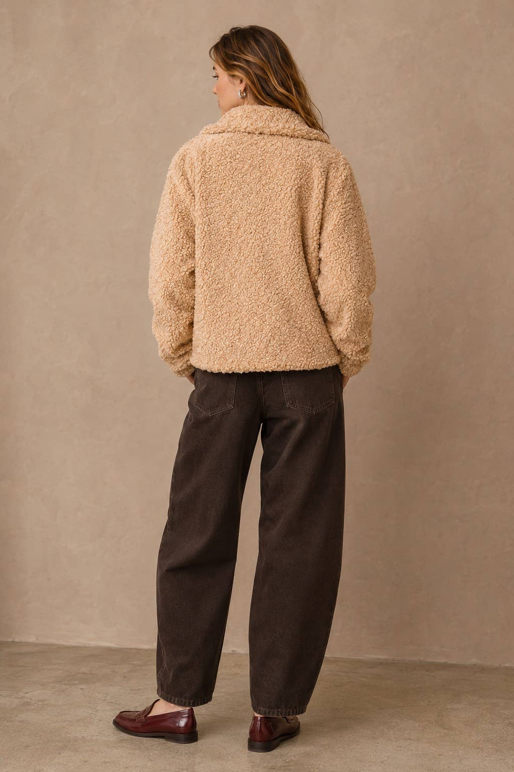 Plush Faux Sherpa Zip-Up Jacket with Fold-Over Collar
