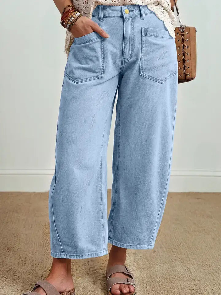 Solid Denim Barrel Jeans High Waist Patch Pocket Ankle