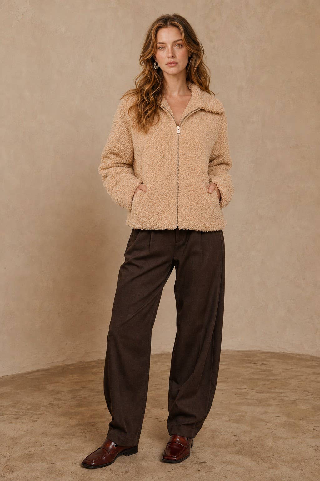Plush Faux Sherpa Zip-Up Jacket with Fold-Over Collar
