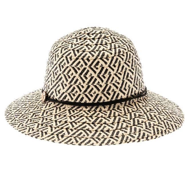 Packable straw bucket hat with small wood flower trim