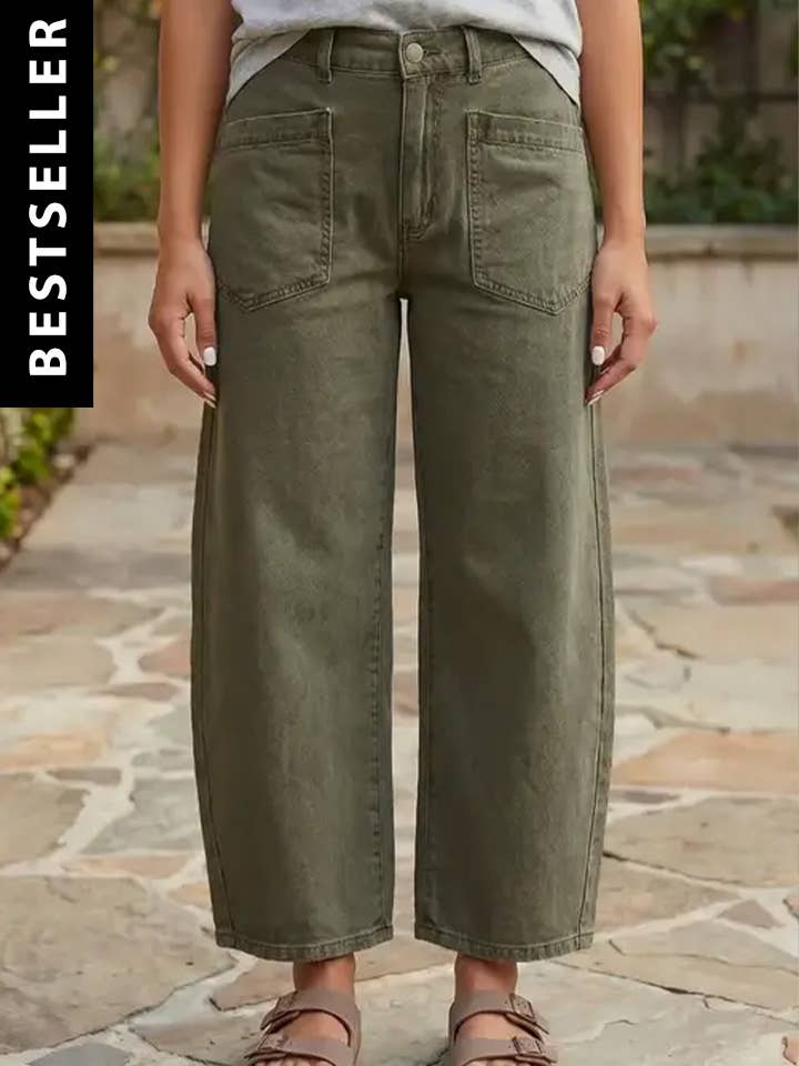 Solid Denim Barrel Jeans High Waist Patch Pocket Ankle