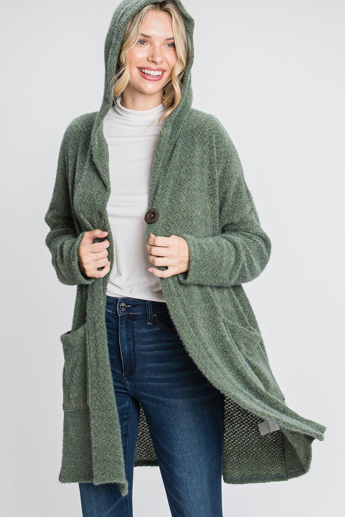 Soft Popcorn Knit Hooded Button-Up Cardigan with Pockets