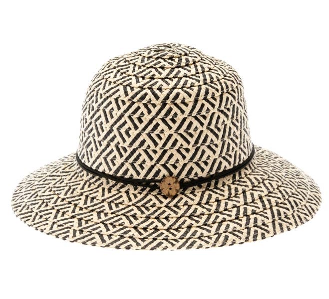 Packable straw bucket hat with small wood flower trim