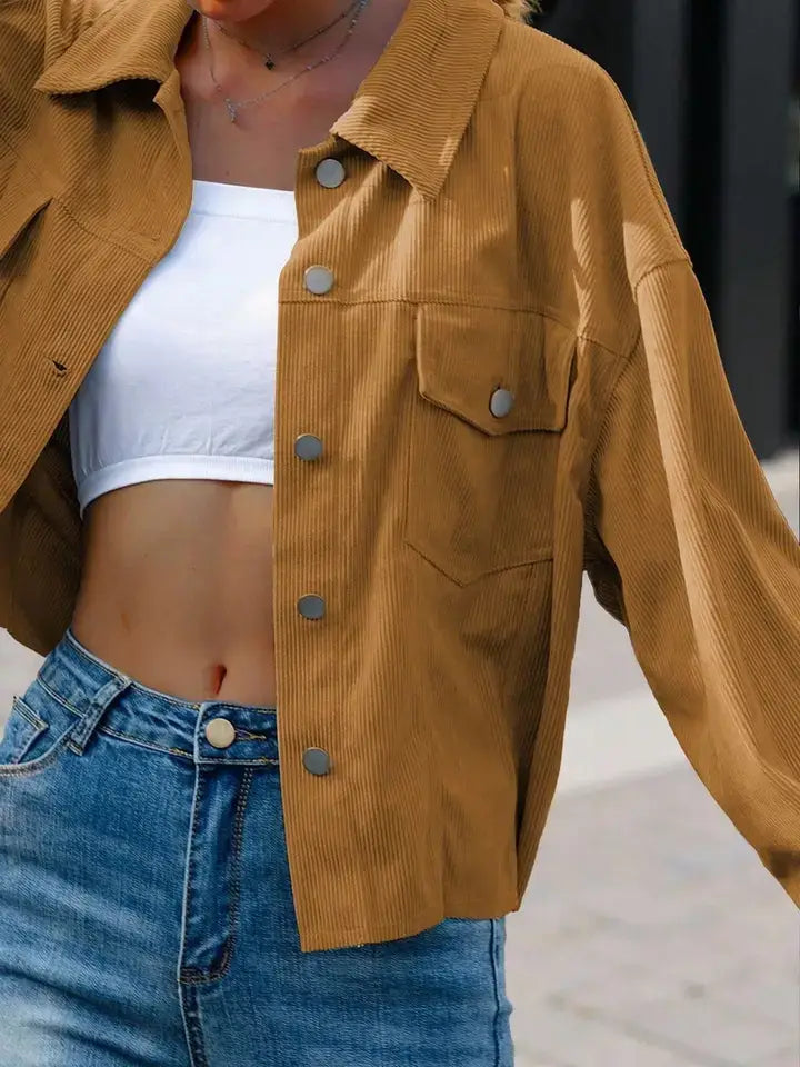 Corduroy Button Front Shacket with Flap Pockets