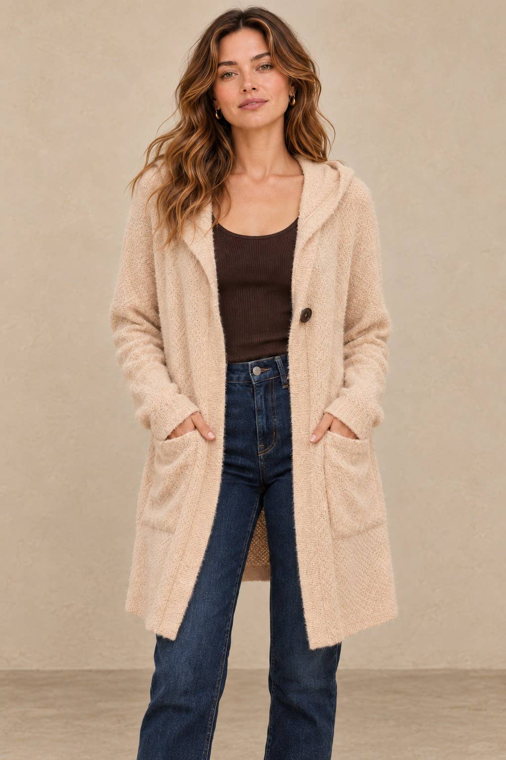 Soft Popcorn Knit Hooded Button-Up Cardigan with Pockets