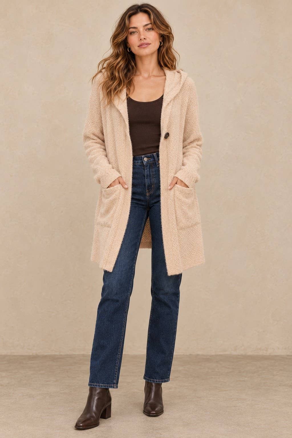 Soft Popcorn Knit Hooded Button-Up Cardigan with Pockets