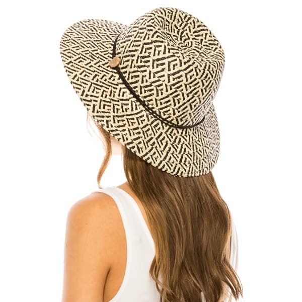 Packable straw bucket hat with small wood flower trim