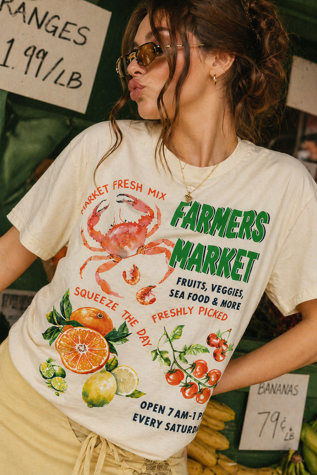 Farmers Market Seafood Veggies Butter Yellow T-Shirt