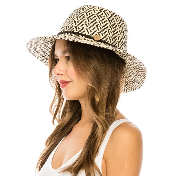 Packable straw bucket hat with small wood flower trim