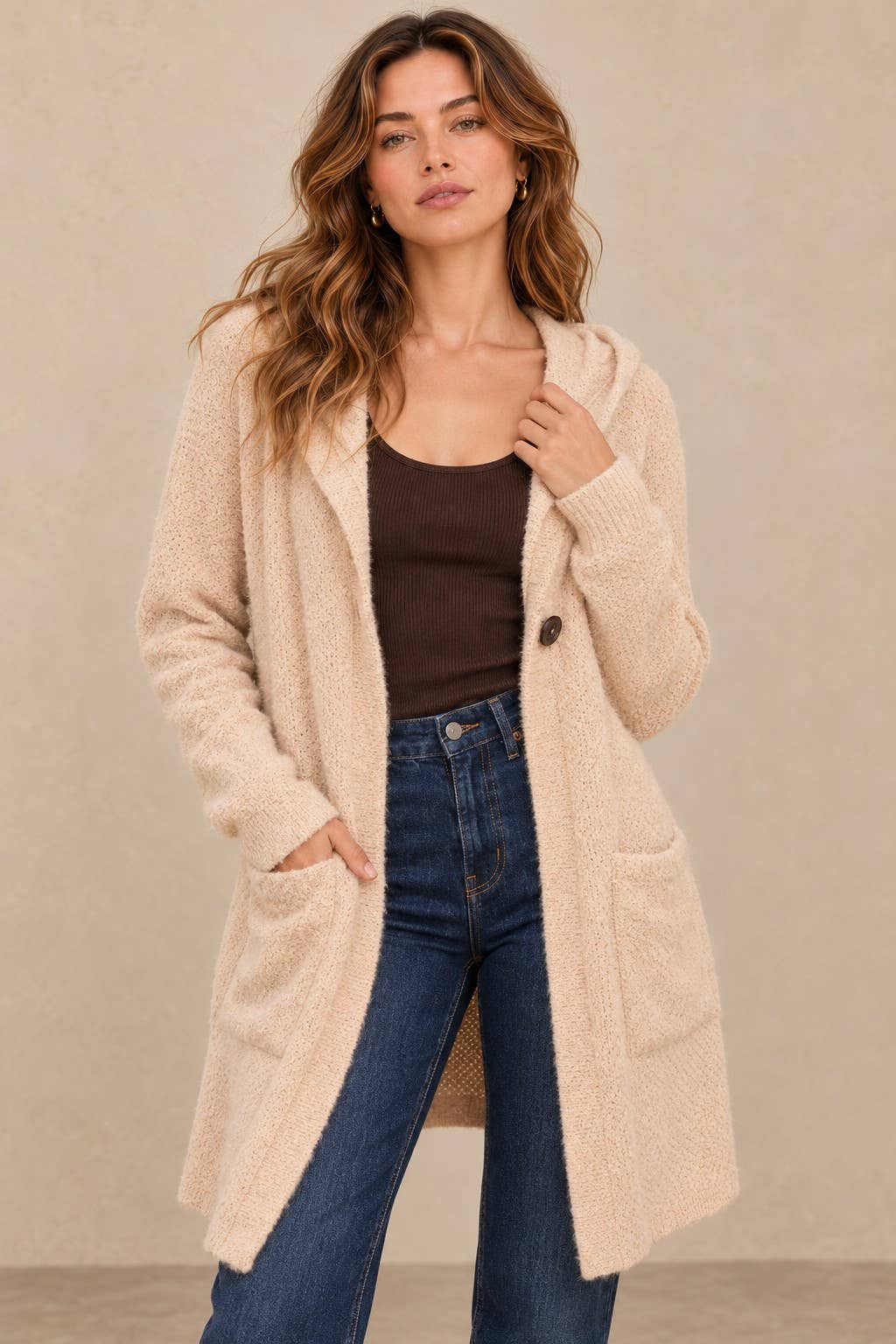 Soft Popcorn Knit Hooded Button-Up Cardigan with Pockets