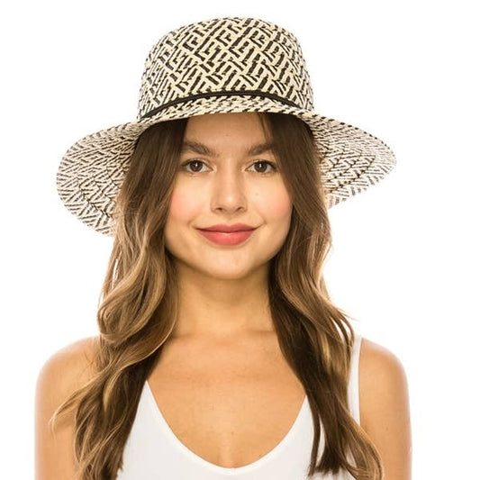 Packable straw bucket hat with small wood flower trim