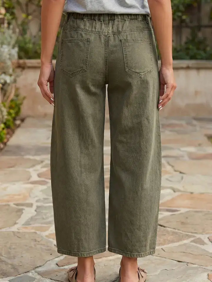 Solid Denim Barrel Jeans High Waist Patch Pocket Ankle