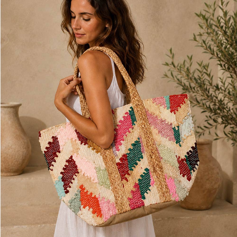 Oversized Boho Woven Chevron Pattern Carryall Shoulder Tote Bag