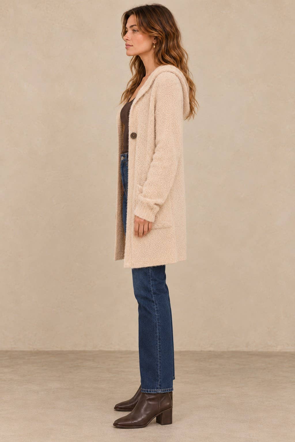 Soft Popcorn Knit Hooded Button-Up Cardigan with Pockets