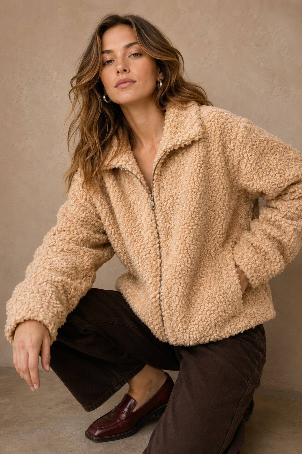 Plush Faux Sherpa Zip-Up Jacket with Fold-Over Collar