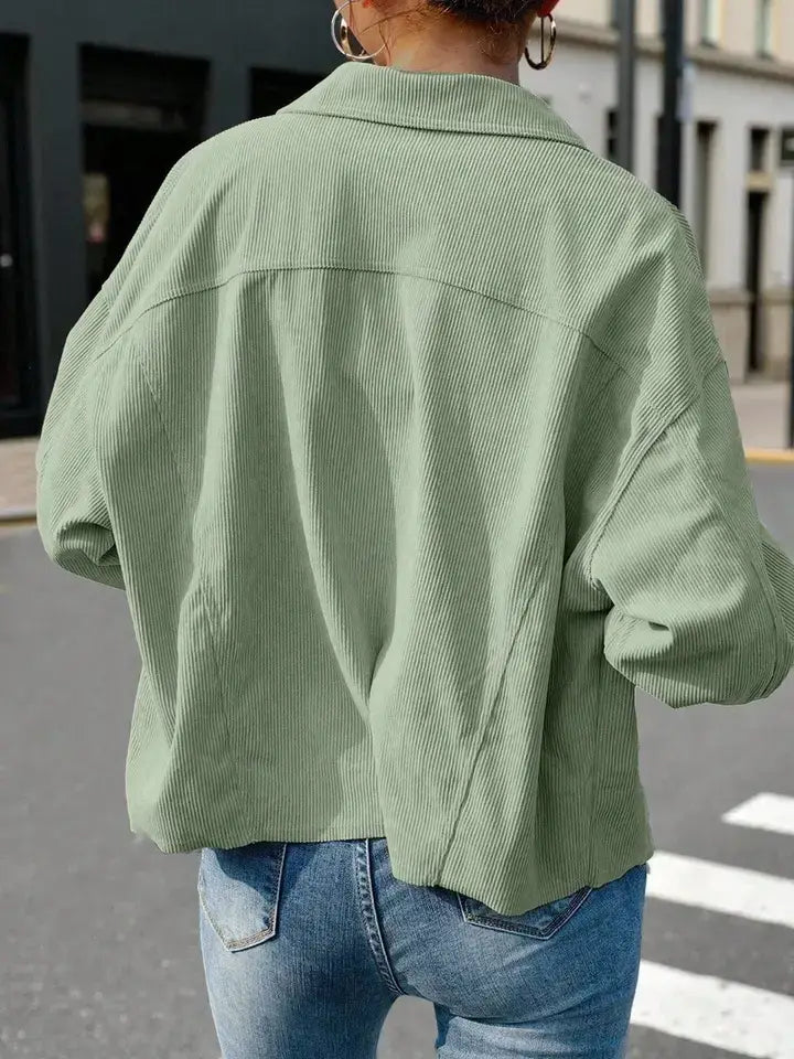 Corduroy Button Front Shacket with Flap Pockets