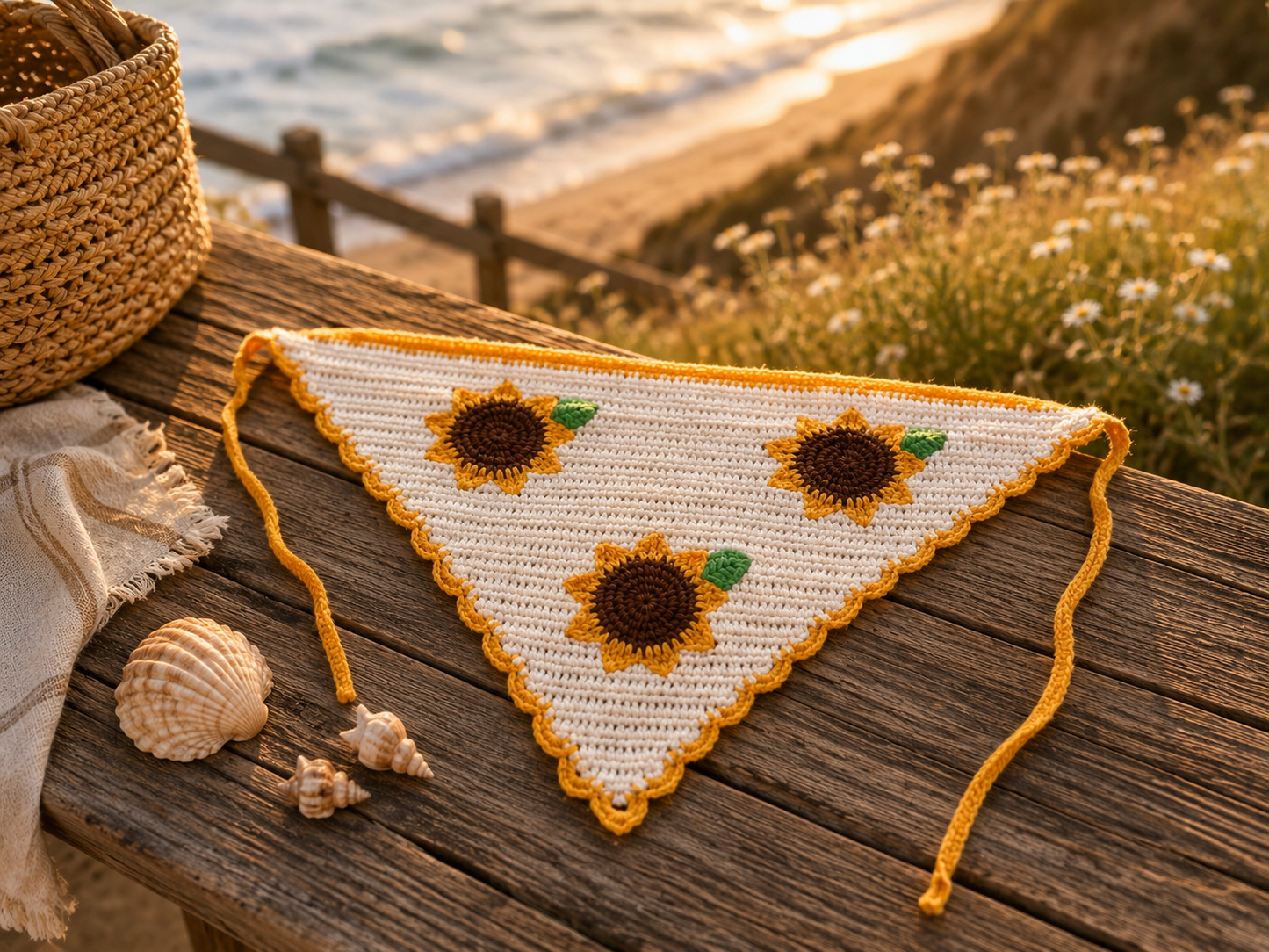 The Sunbeam Bloom Crochet Headscarf