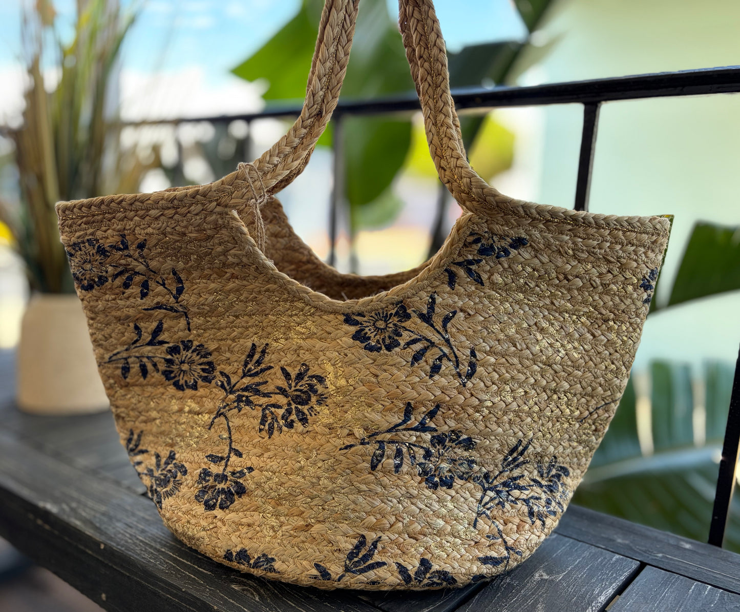 The Indigo Petal Straw Tote
