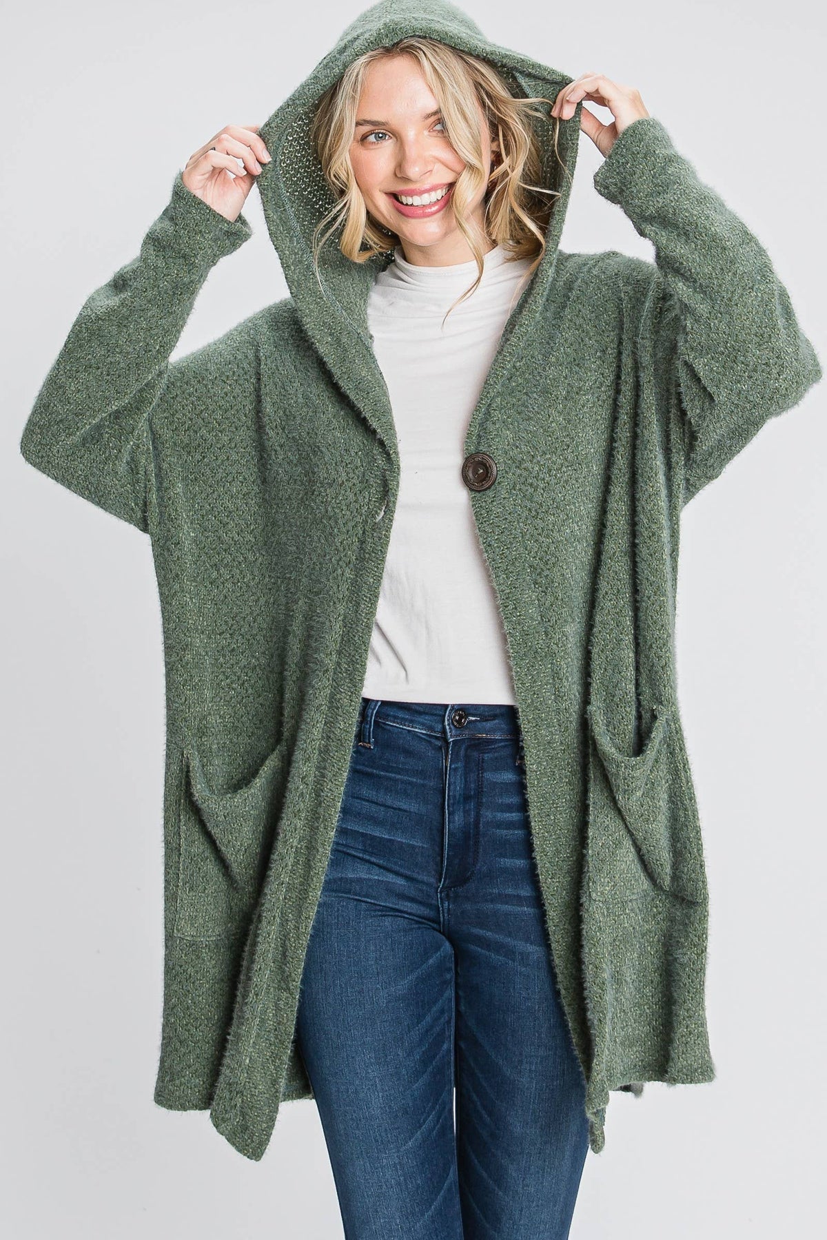 Soft Popcorn Knit Hooded Button-Up Cardigan with Pockets