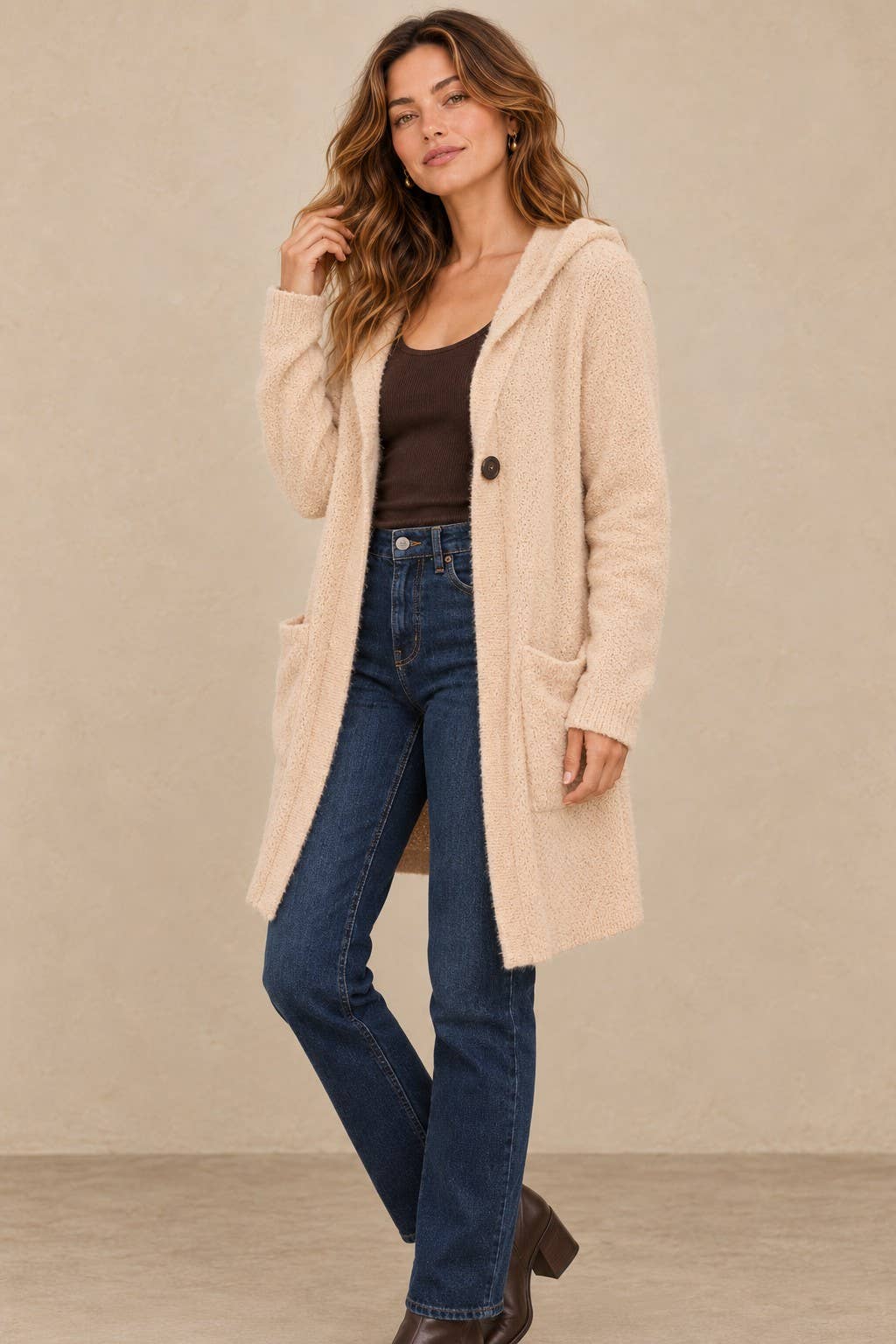 Soft Popcorn Knit Hooded Button-Up Cardigan with Pockets