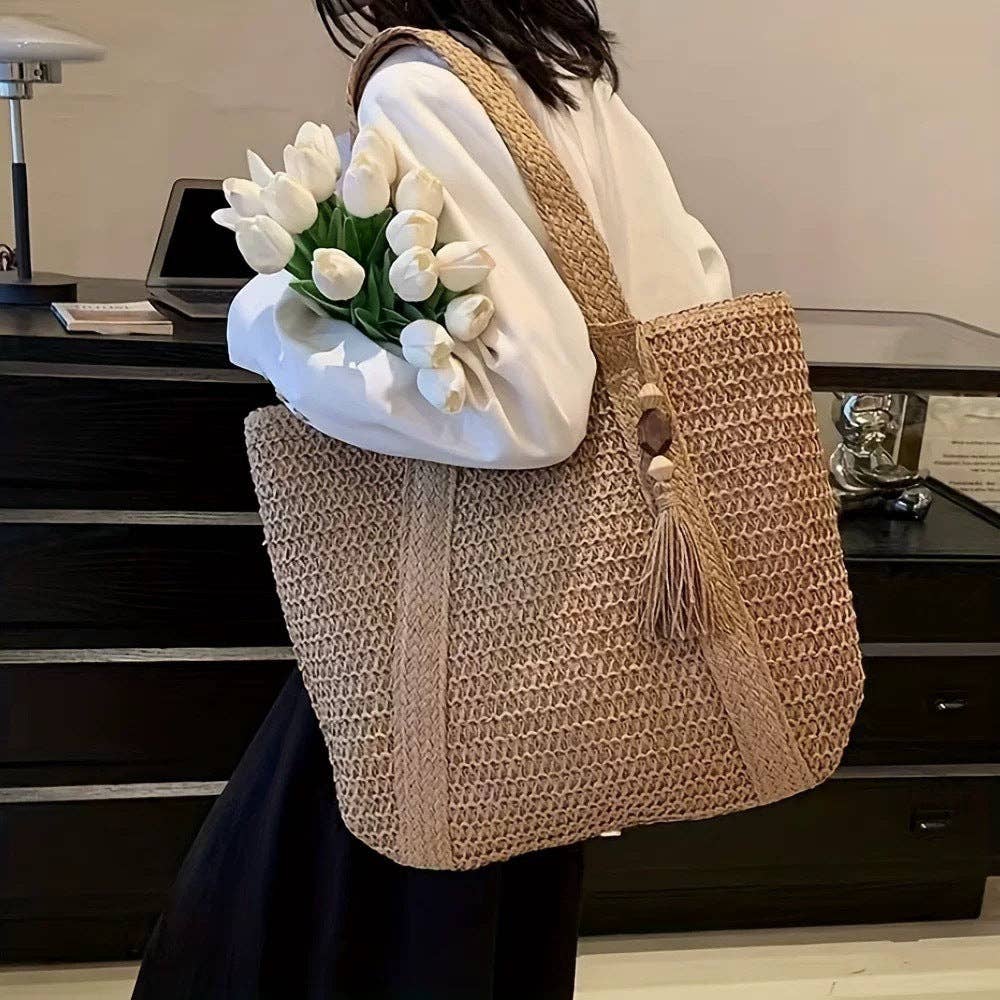Stylish Woven Straw Beach Tote Bag with Wooden Pendant