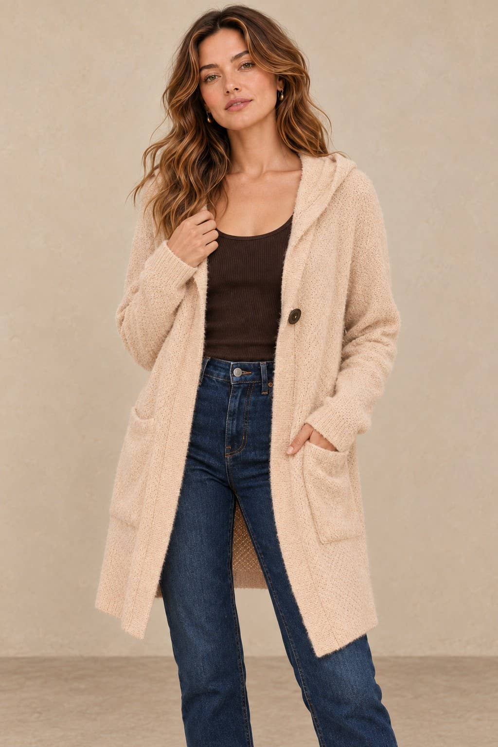 Soft Popcorn Knit Hooded Button-Up Cardigan with Pockets