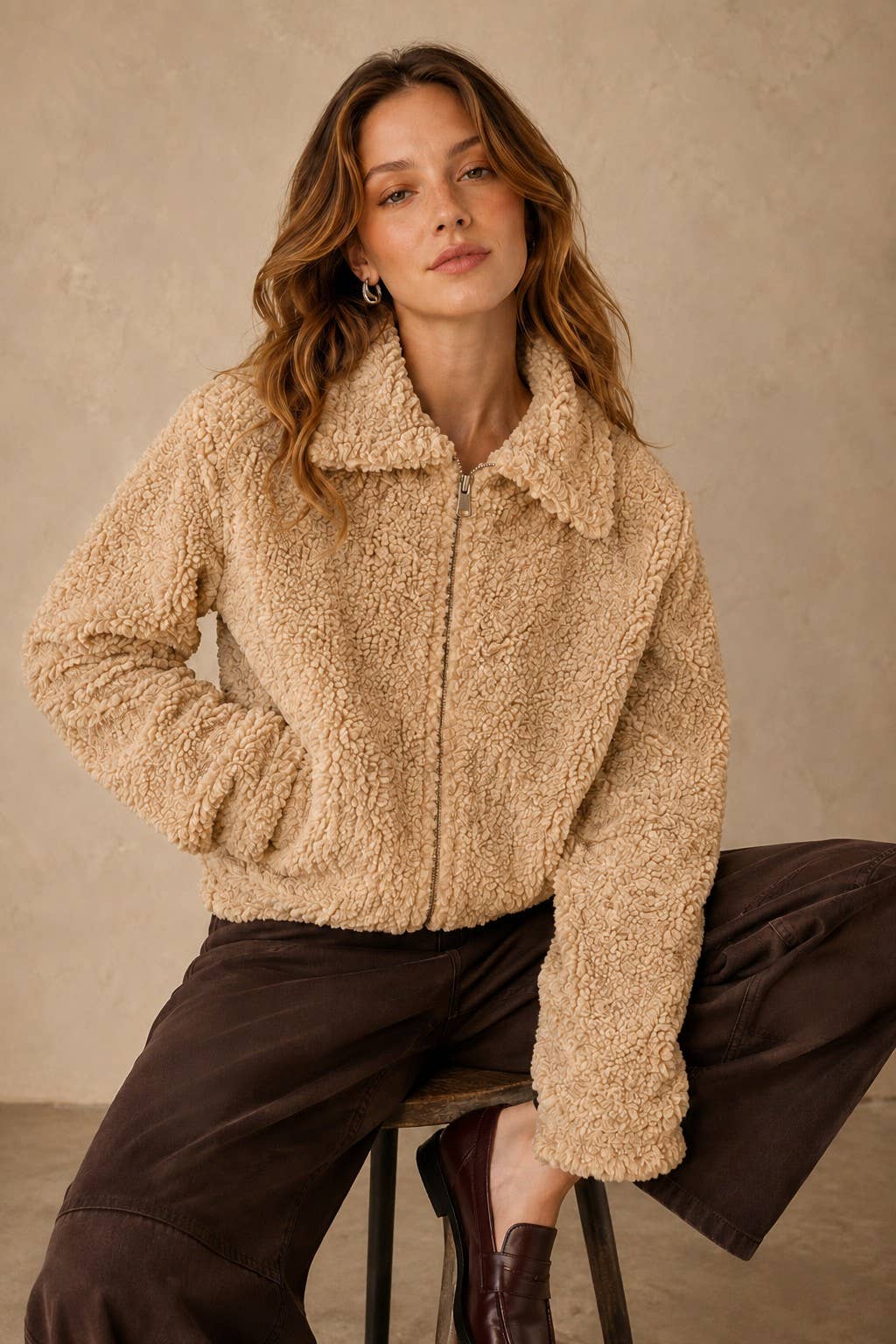 Plush Faux Sherpa Zip-Up Jacket with Fold-Over Collar