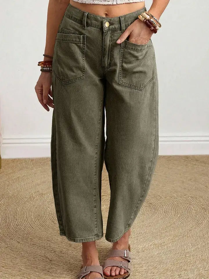 Solid Denim Barrel Jeans High Waist Patch Pocket Ankle