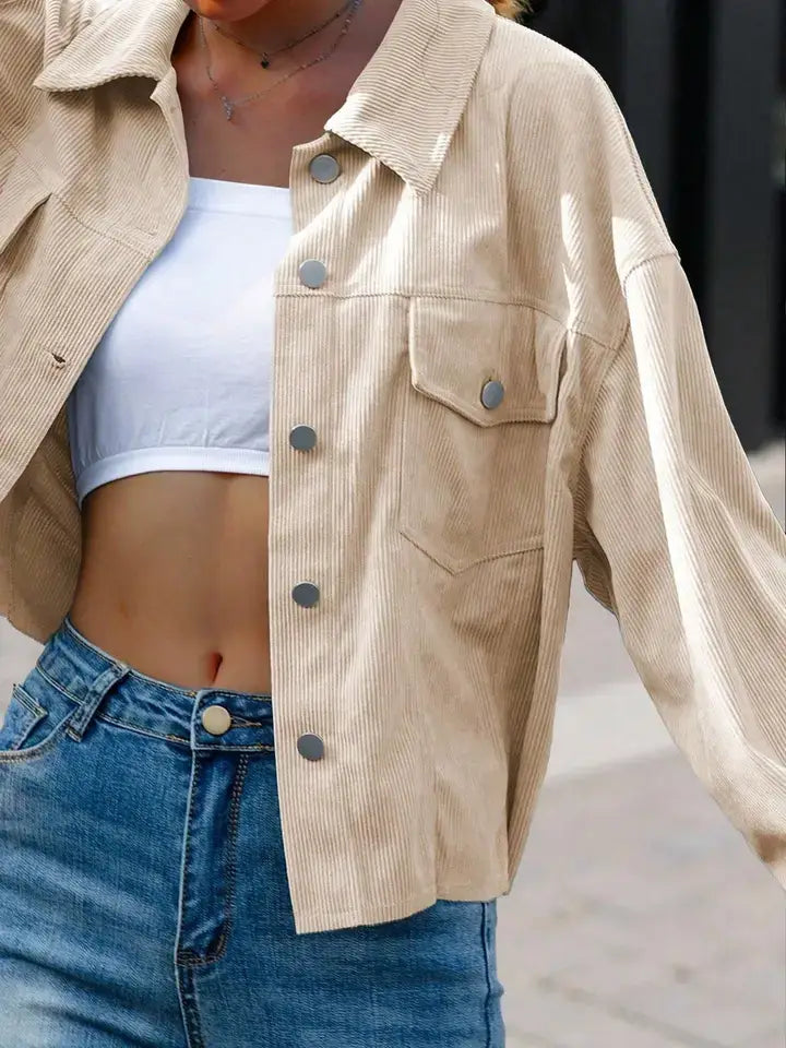 Corduroy Button Front Shacket with Flap Pockets