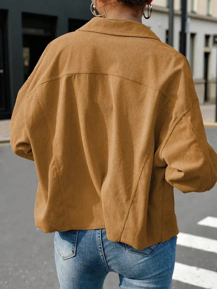 Corduroy Button Front Shacket with Flap Pockets