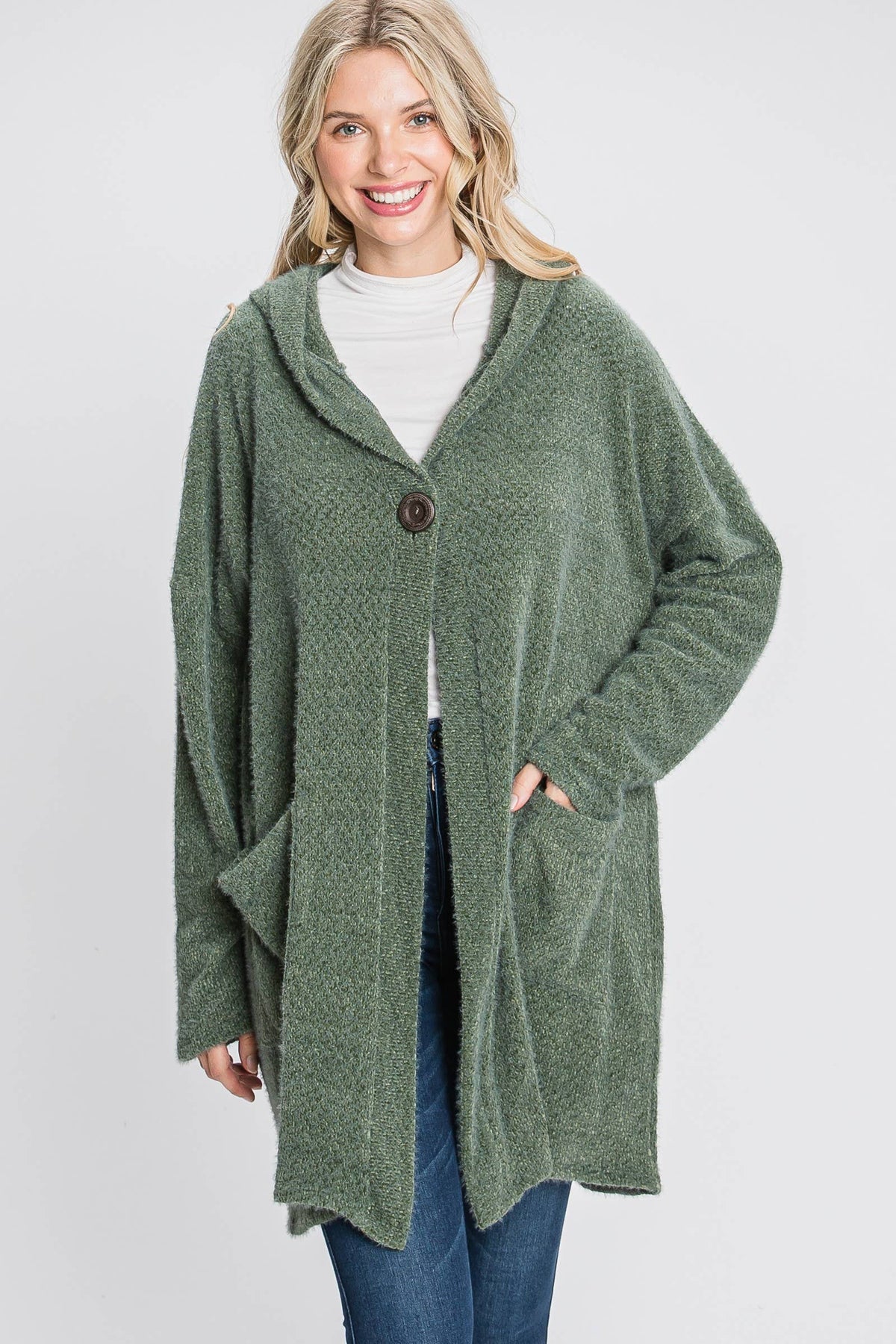 Soft Popcorn Knit Hooded Button-Up Cardigan with Pockets