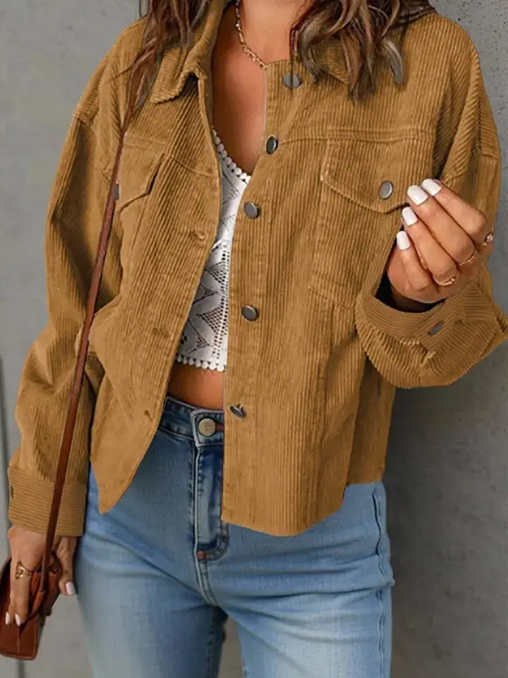 Corduroy Button Front Shacket with Flap Pockets