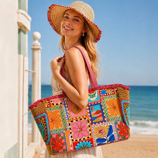 Boho Embroidered Floral Patchwork Granny Square Side Large Structured Carryall Shoulder Tote Bag