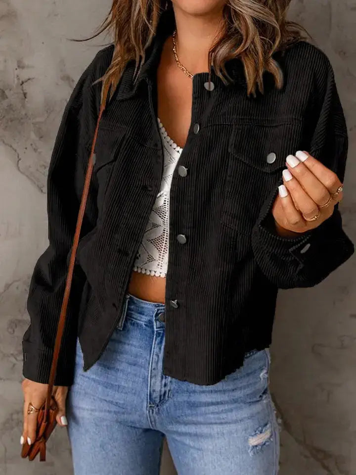 Corduroy Button Front Shacket with Flap Pockets