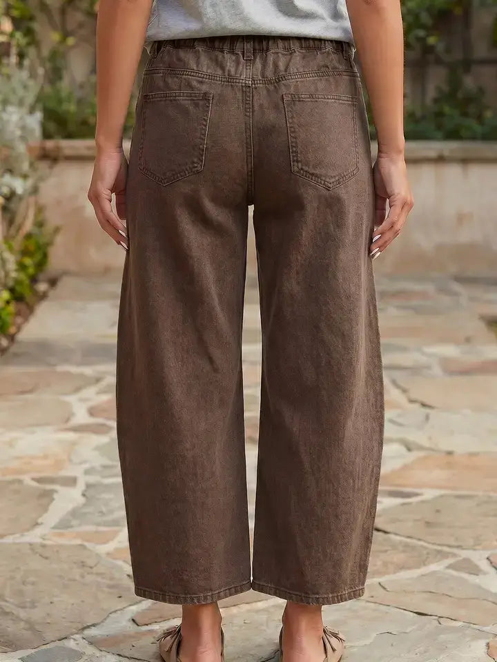 Solid Denim Barrel Jeans High Waist Patch Pocket Ankle