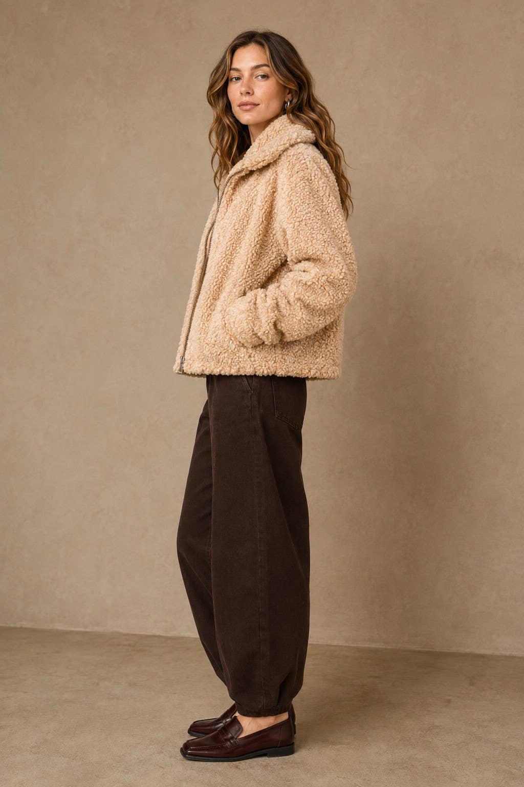 Plush Faux Sherpa Zip-Up Jacket with Fold-Over Collar