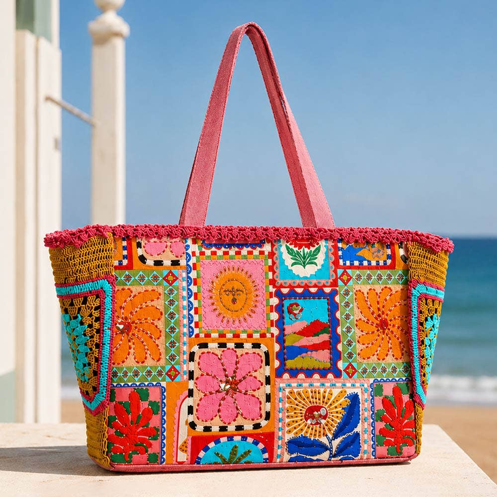 Boho Embroidered Floral Patchwork Granny Square Side Large Structured Carryall Shoulder Tote Bag