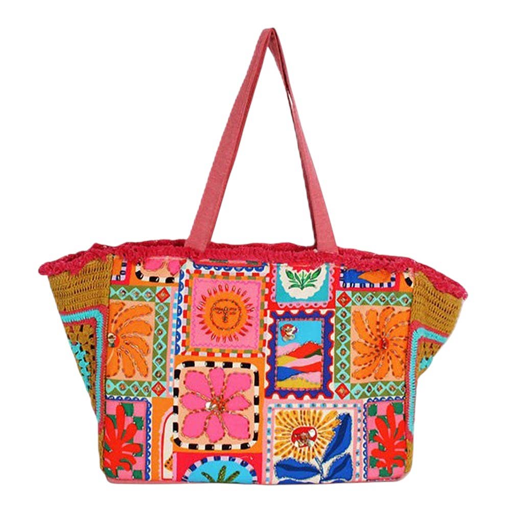 Boho Embroidered Floral Patchwork Granny Square Side Large Structured Carryall Shoulder Tote Bag