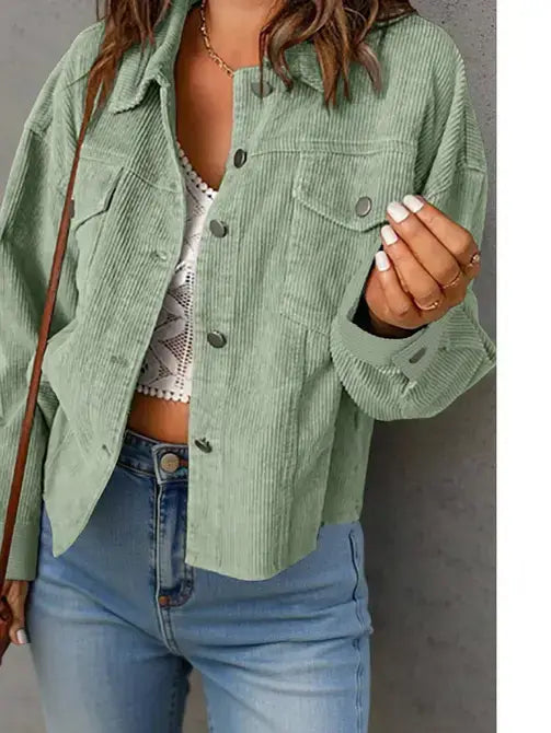 Corduroy Button Front Shacket with Flap Pockets
